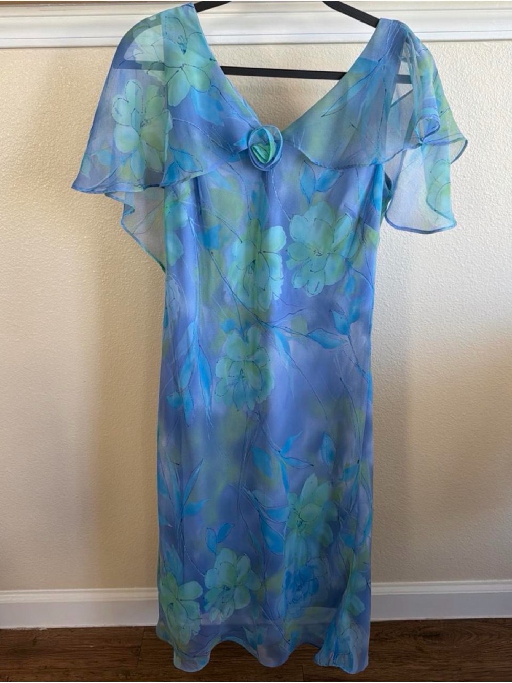 Y2K Coquette Watercolor Off-Shoulder Rosette Sheer Chiffon Floral Shift Dress